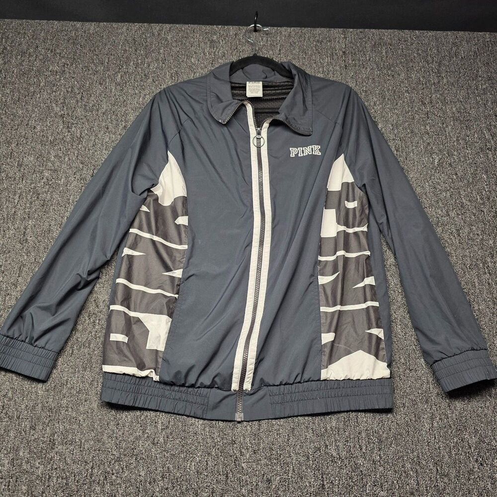 Victoria Secret PINK Womens XS Windbreaker Jacket Black Gray White Full Zip Logo